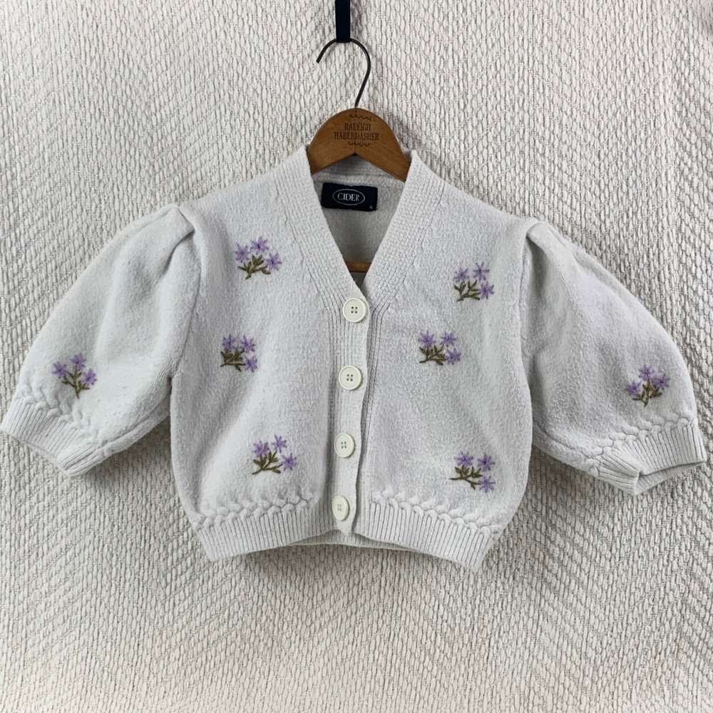 CIDER Pastel Purple Floral‎ Puff Sleeve Cropped Cardigan Sweater S Cottage Core